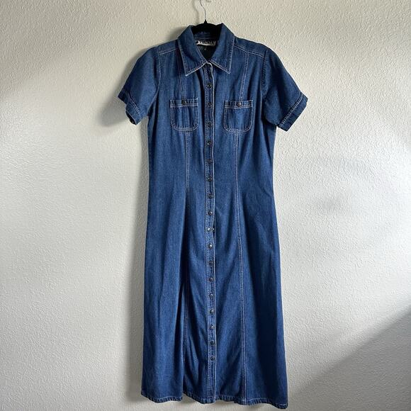 Vtg Denim Dress 90s Cotton Button Up Front Maxi Sz 12 Jean Twee Retro Western - Picture 1 of 7
